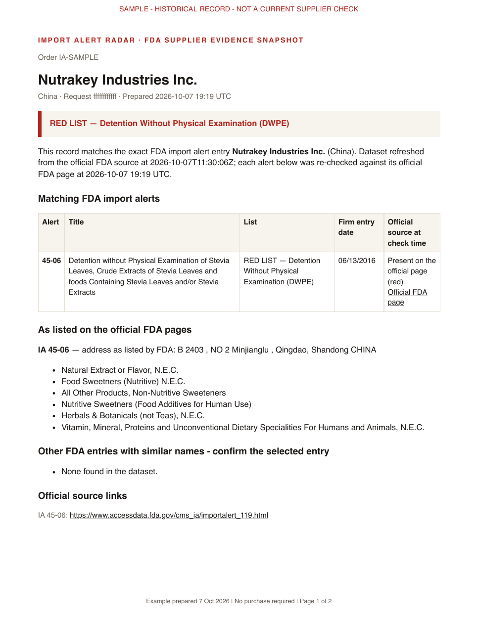 First page of the sample: supplier identity, dated FDA findings and official source links.